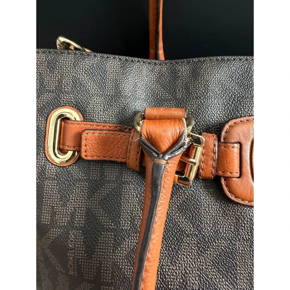 Michael Kors Hamilton Satchel Brown Logo PVC Leather Preppy Classic Tote Bag